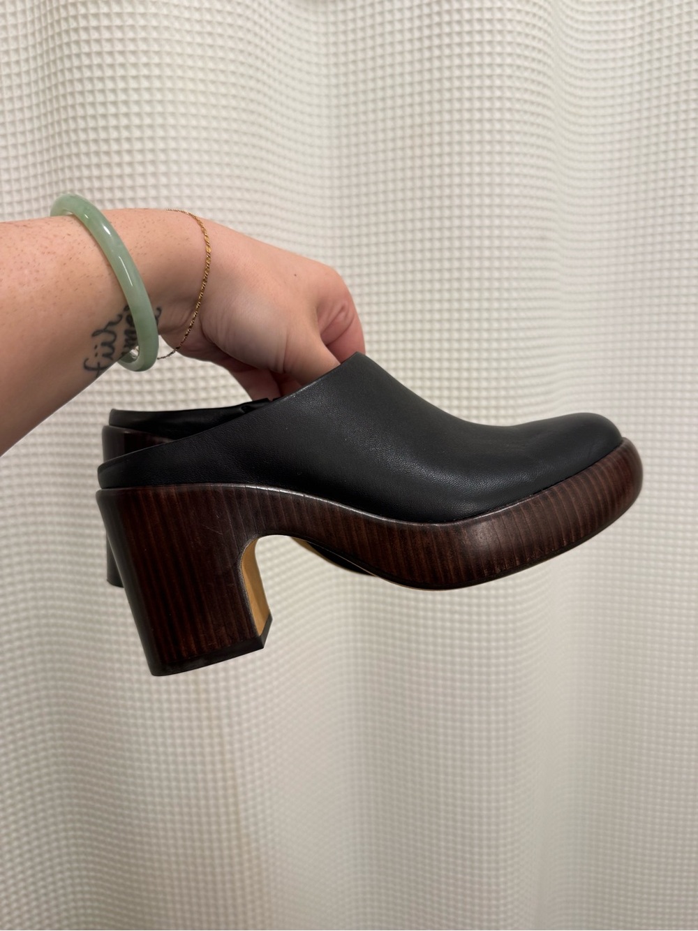 Vince Navina Black Leather Clog Mules with Wooden Chunky Heel - size 6
